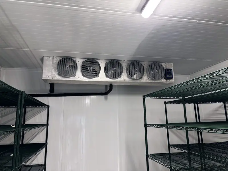 Walk-in cooler interior with a five-fan evaporator above wire shelving
